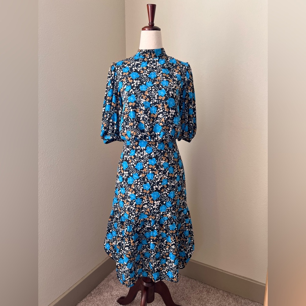Ann Taylor Blue Floral Print Blousy Sleeve Midi Dress - 0 Petite